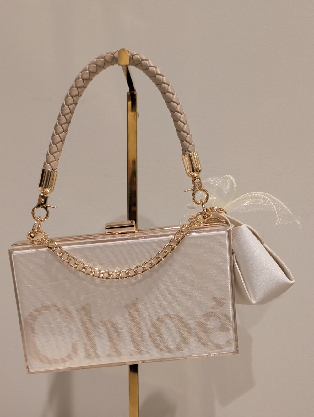 Upcycled Acrylic Box Clutch with Gold Chain and Mini Bag Key Ring Charm